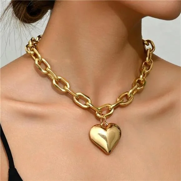 Chunky Heart Necklace Statement Necklace with Big Puffy Heart Gold Tone - Picture 4 of 11